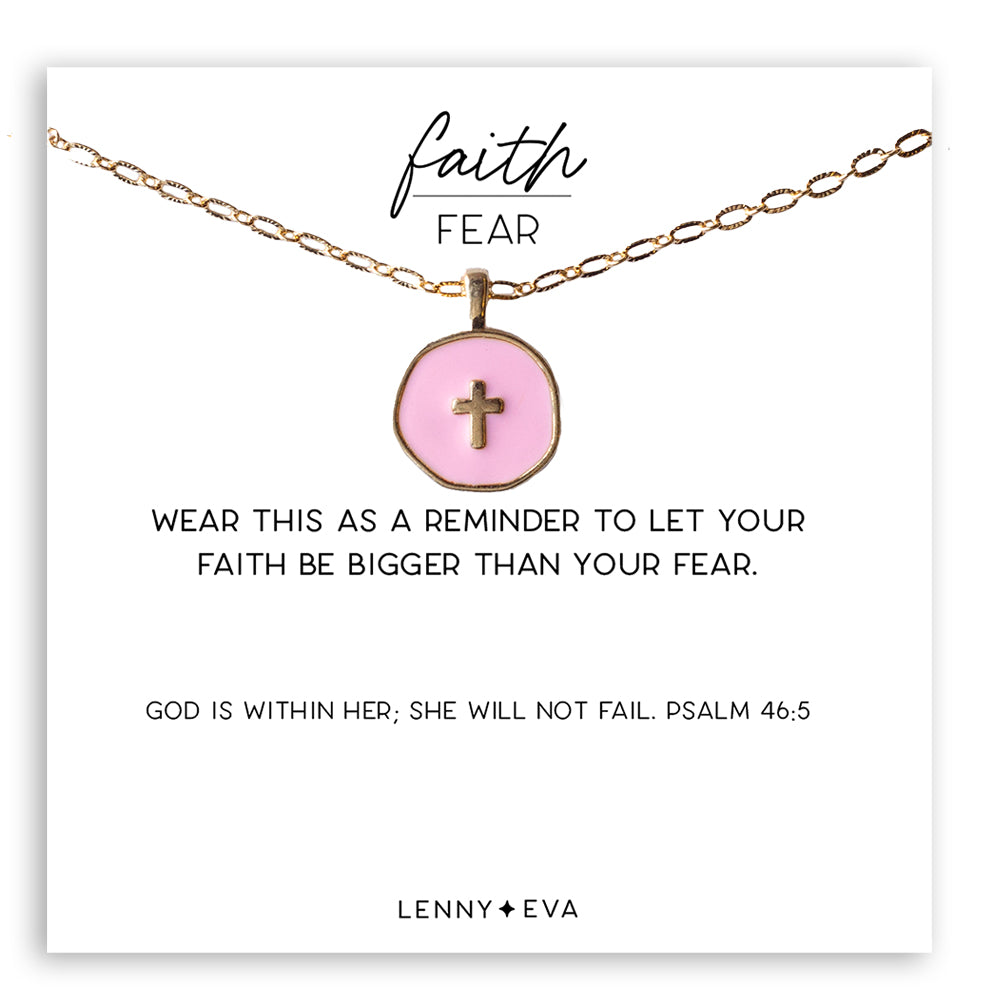 Faith Over Fear Necklace-Pink Cross, Psalm 46:5 – Lenny and Eva