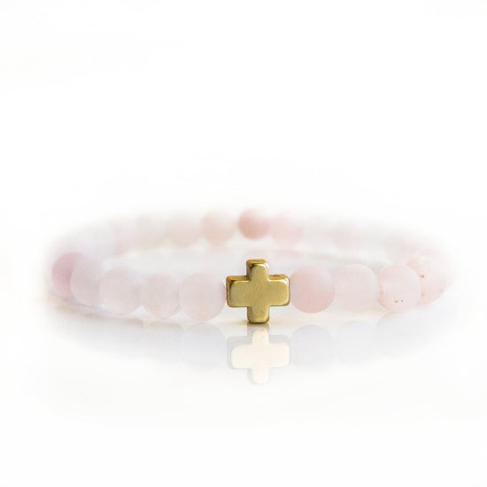 Faith Over Fear Cross Bracelet-Rose Quartz, 6mm