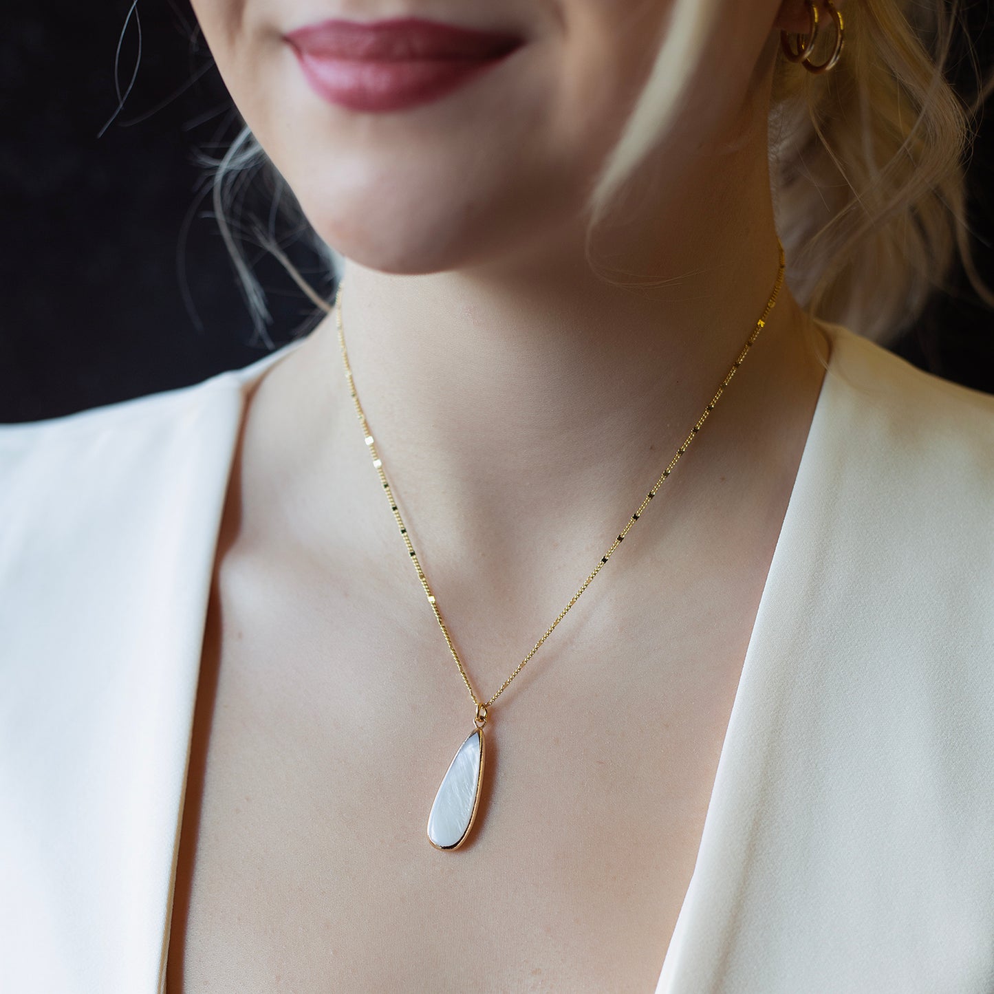 Intentions Necklace, Mother of Pearl Teardrop