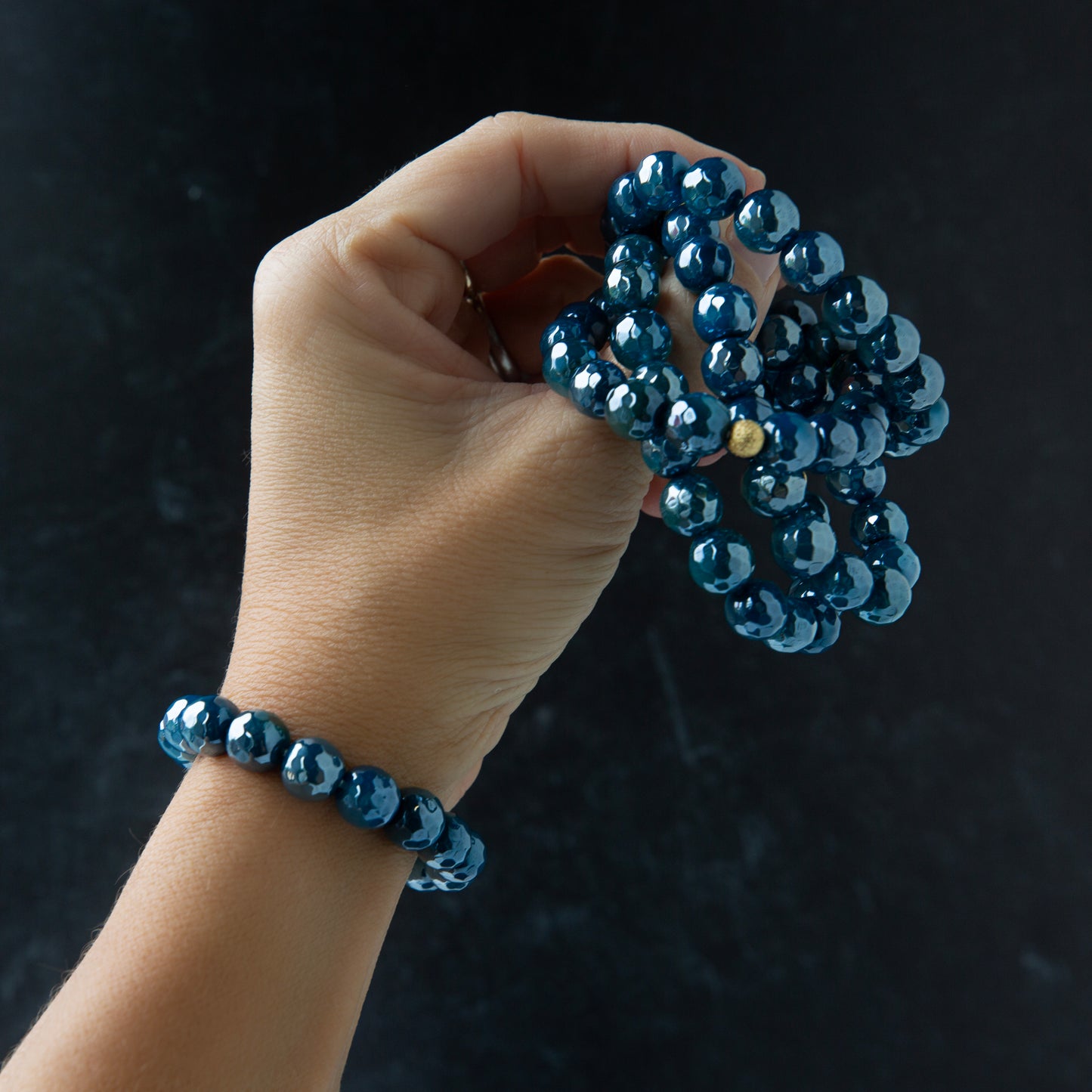 Gemstone Beaded Bracelets-Metallic Blue Agate-2 Sizes