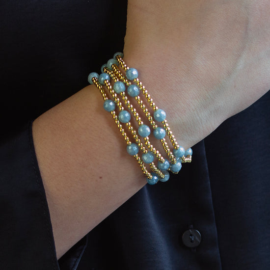 Gilded Gold Beaded Bracelets-Dot, Aquamarine