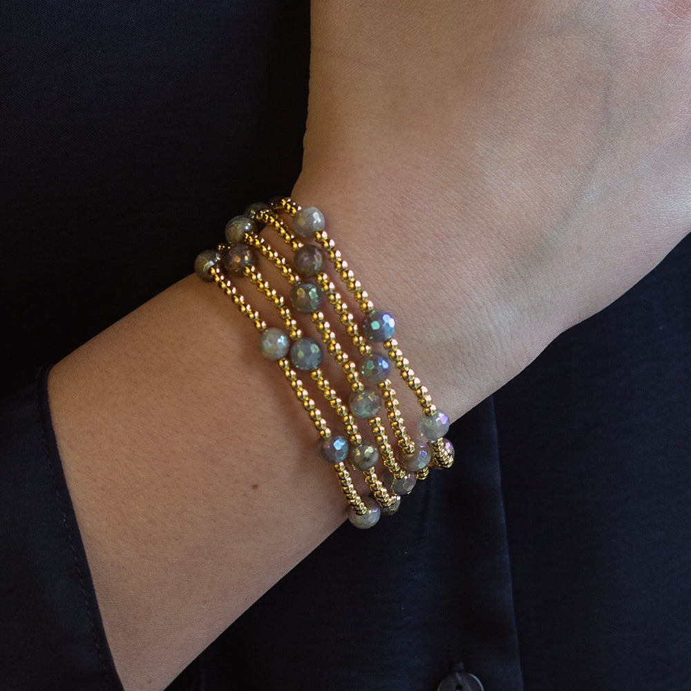 Gilded Gold Beaded Bracelets-Dot, Labradorite