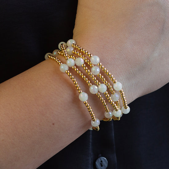 Gilded Gold Beaded Bracelets-Dot, White Jade