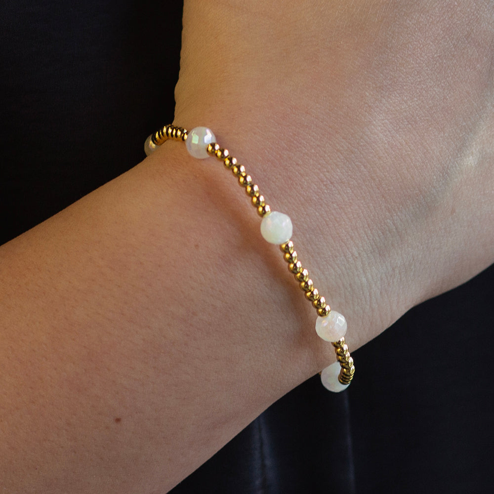 Gilded Gold Beaded Bracelets-Dot, White Jade