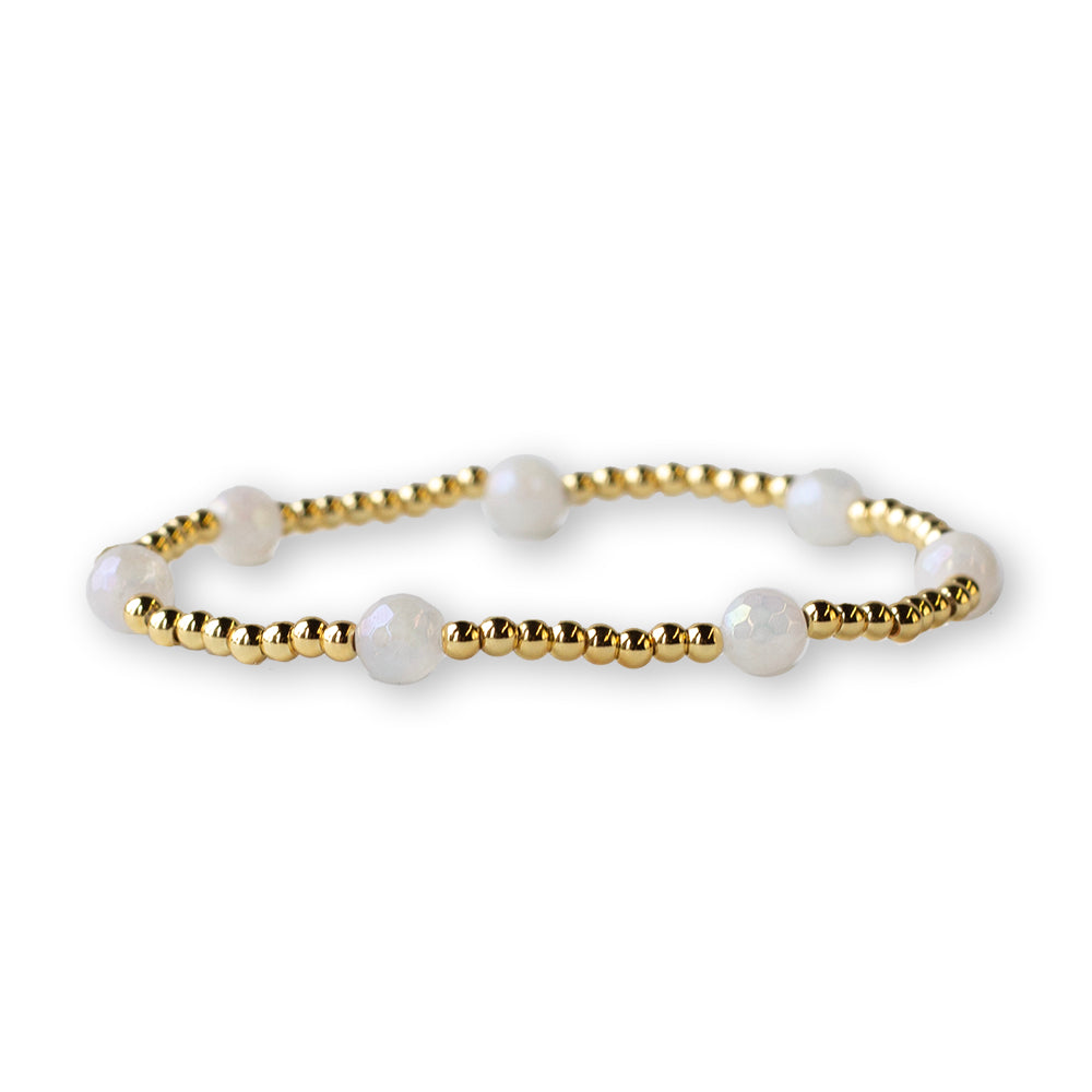 Gilded Gold Beaded Bracelets-Dot, White Jade