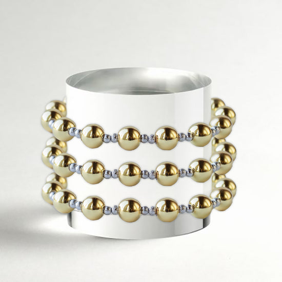 Gilded Gold Beaded Stretch Bracelets, Duo, Mixed Metals