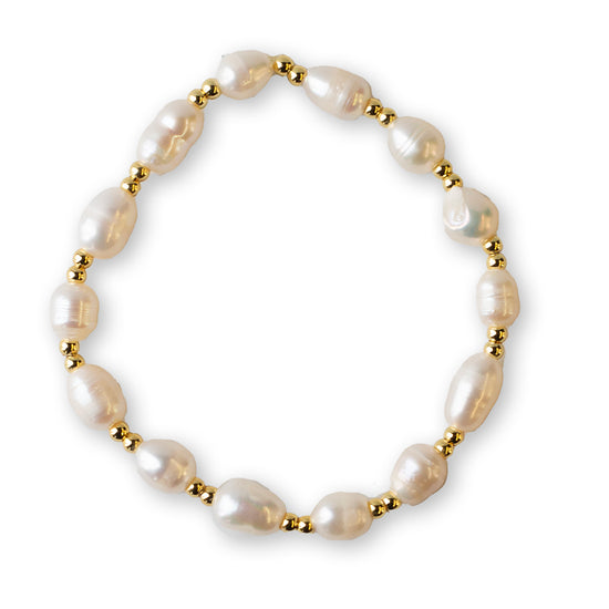 Gilded Gold Beaded Stretch Bracelets, Duo, Pearl