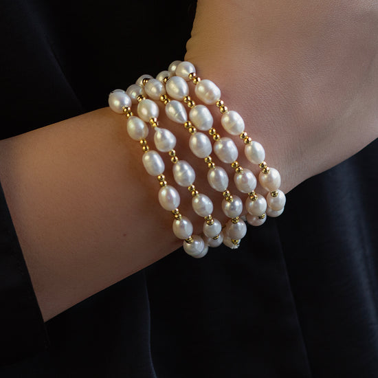 Gilded Gold Beaded Stretch Bracelets, Duo, Pearl