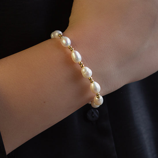 Gilded Gold Beaded Stretch Bracelets, Duo, Pearl