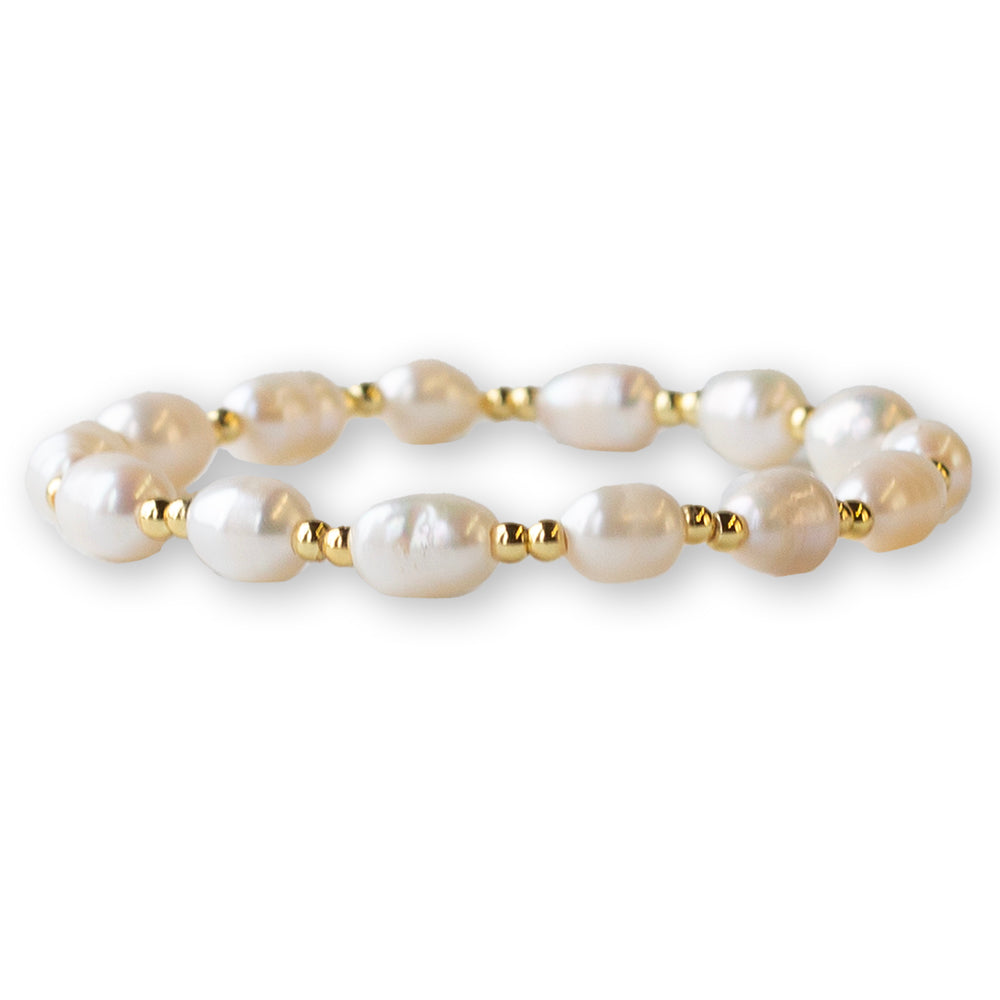 Gilded Gold Beaded Stretch Bracelets, Duo, Pearl