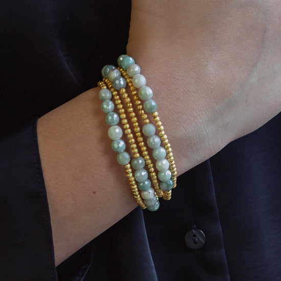 Gilded Gold Beaded Bracelets-Row, Amazonite