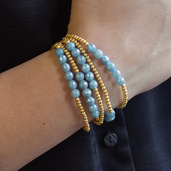 Gilded Gold Beaded Bracelets-Row,Aquamarine