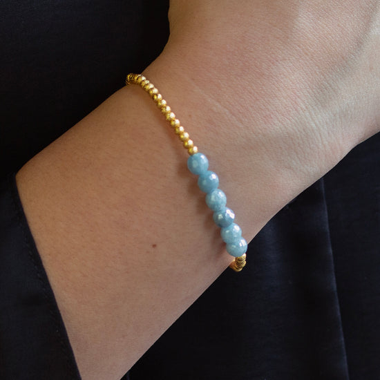 Gilded Gold Beaded Bracelets-Row,Aquamarine