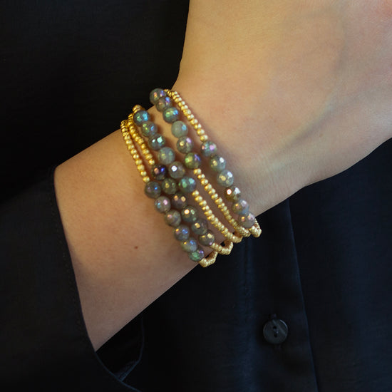 Gilded Gold Beaded Bracelets-Row, Labradorite