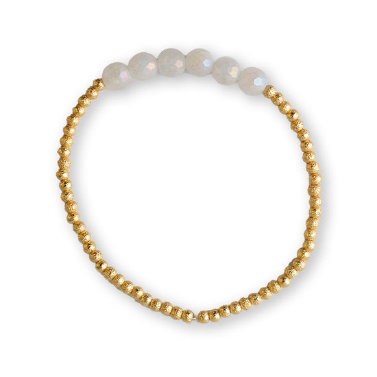 Gilded Gold Beaded Bracelets-Row, White Jade