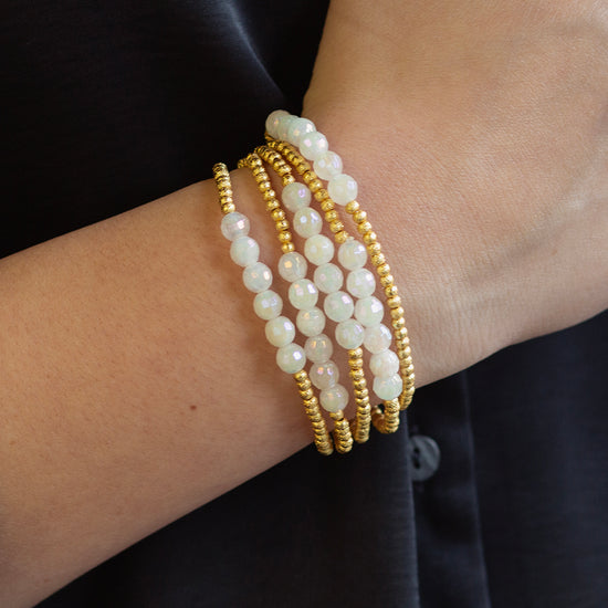 Gilded Gold Beaded Bracelets-Row, White Jade