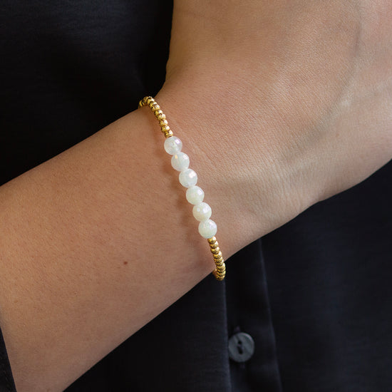 Gilded Gold Beaded Bracelets-Row, White Jade