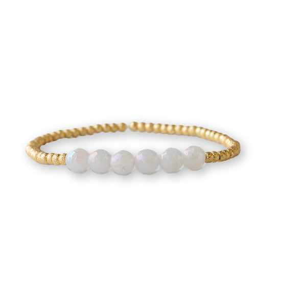 Gilded Gold Beaded Bracelets-Row, White Jade