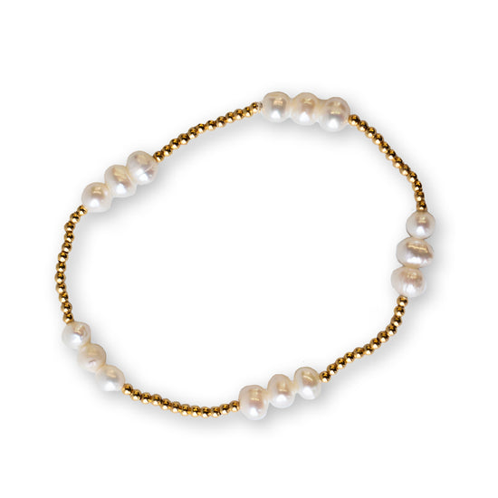 Gilded Gold Beaded Stretch Bracelets, Trio, Pearl