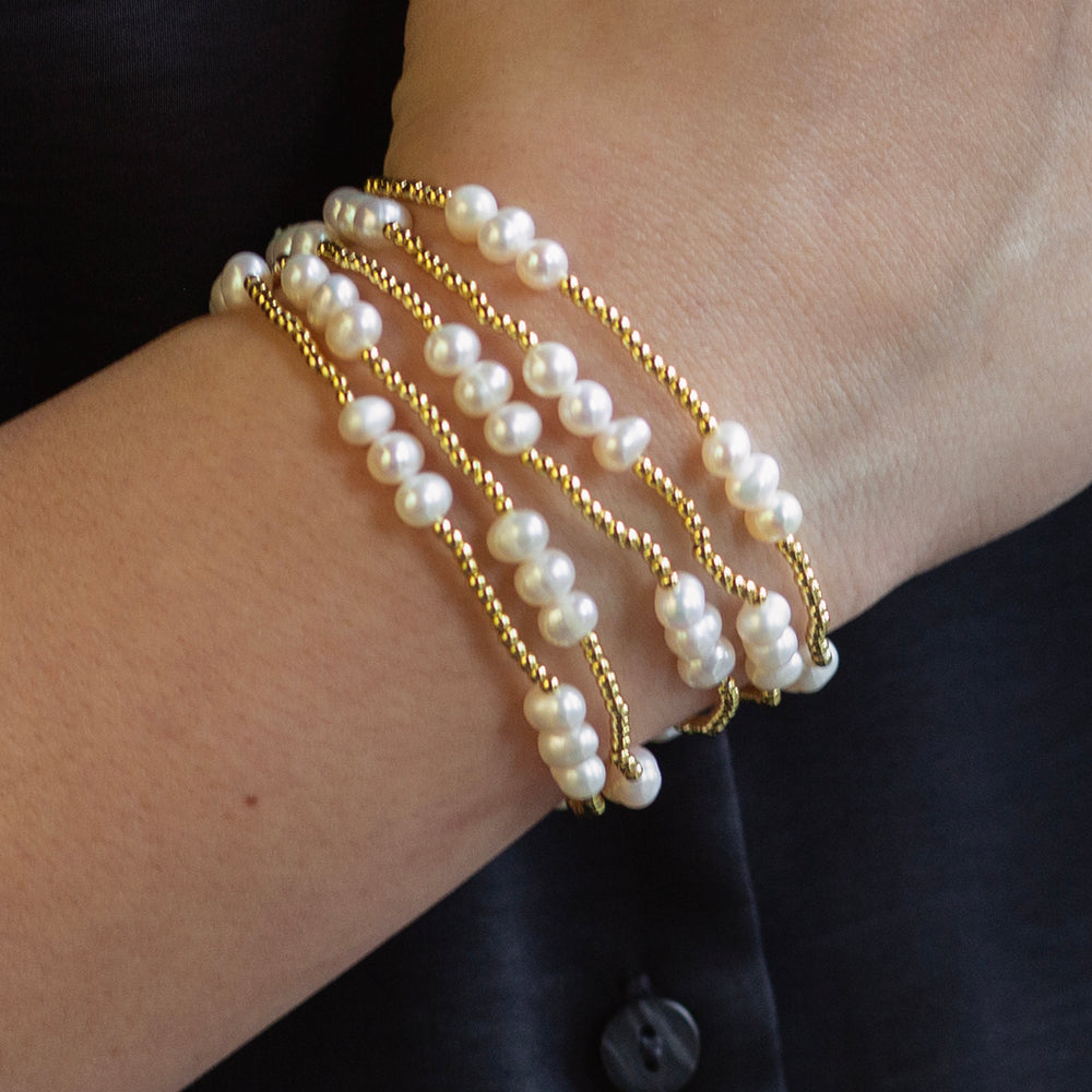 Gilded Gold Beaded Stretch Bracelets, Trio, Pearl