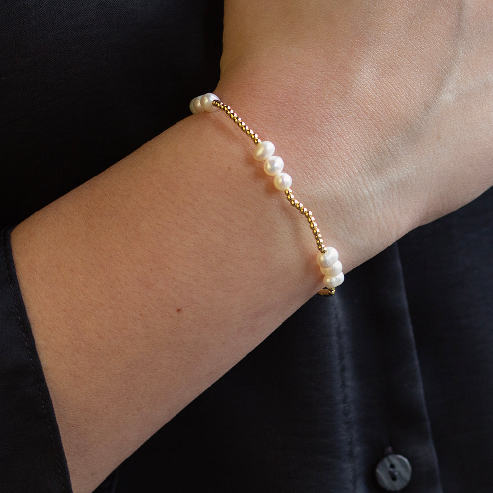 Gilded Gold Beaded Stretch Bracelets, Trio, Pearl