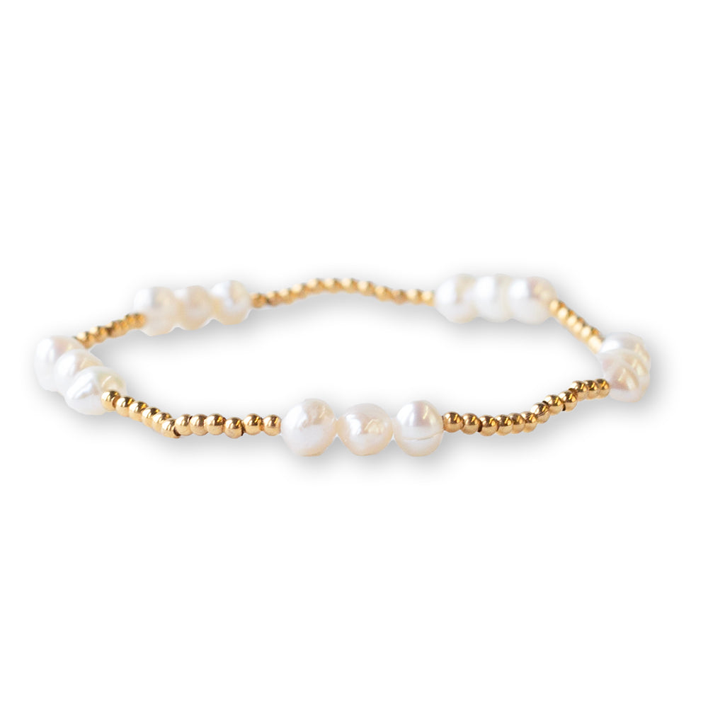 Gilded Gold Beaded Stretch Bracelets, Trio, Pearl