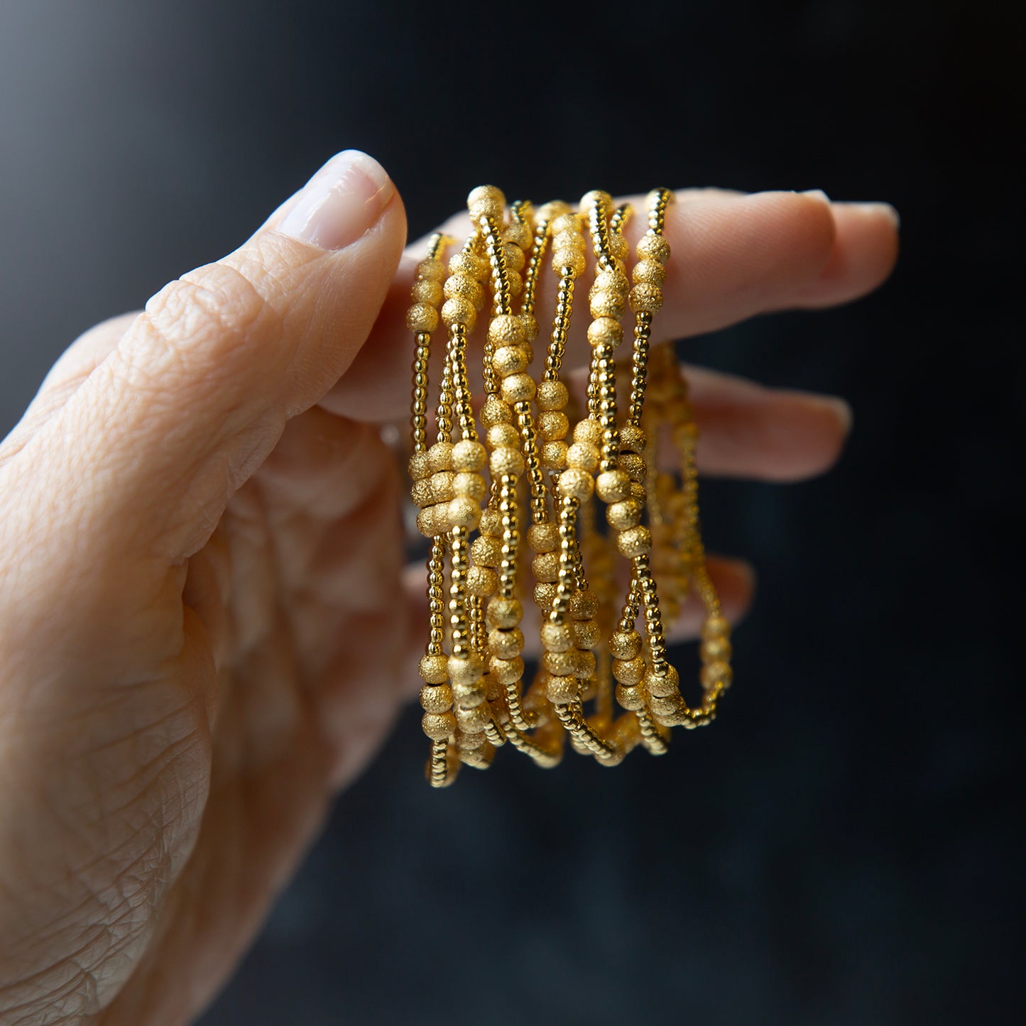 Gilded Gold Beaded Stretch Bracelets, Trio, Textured