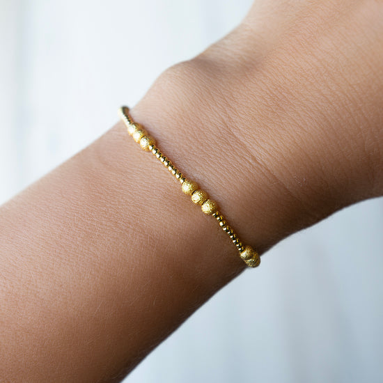 Gilded Gold Beaded Stretch Bracelets, Trio, Textured