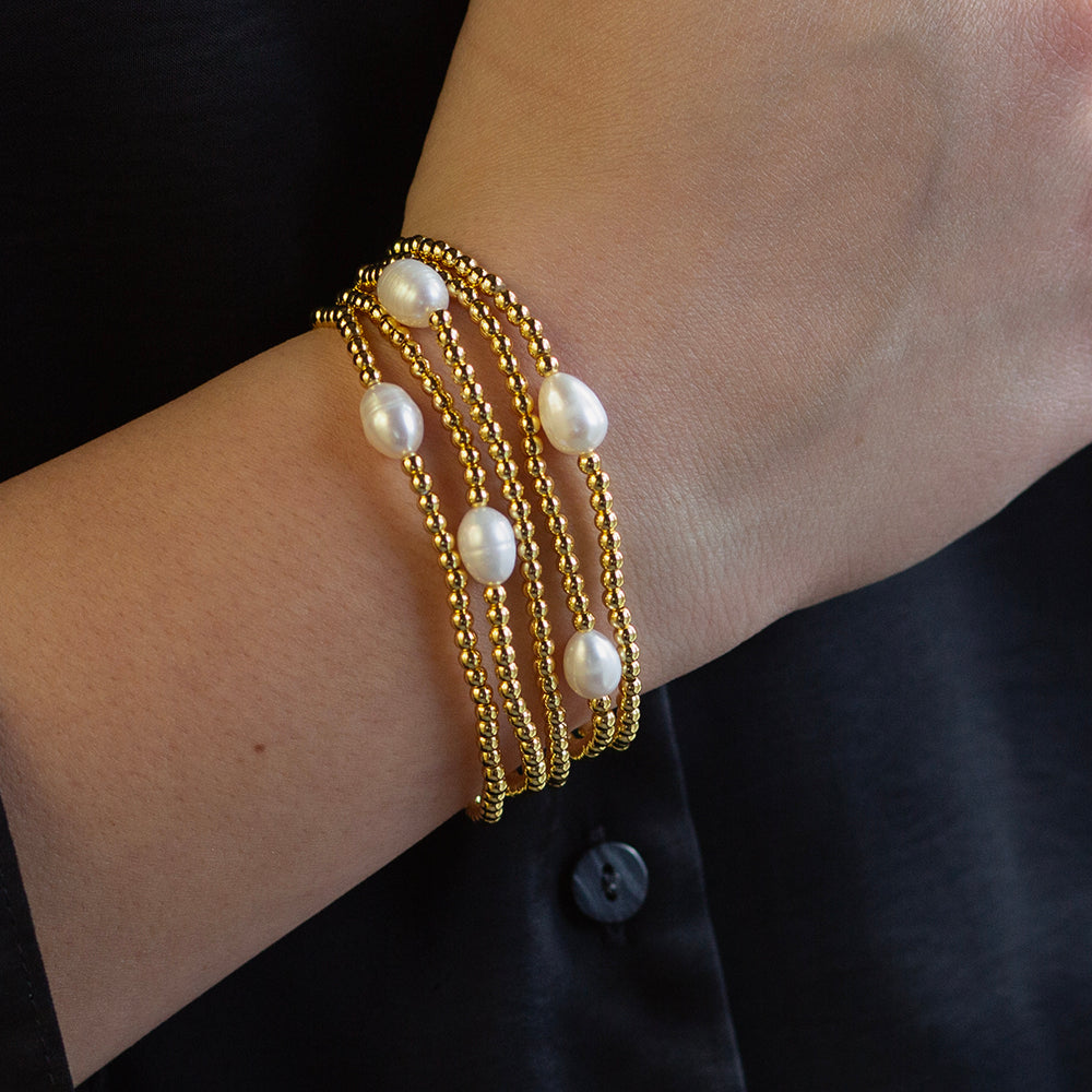 Gilded Gold Beaded Stretch Bracelets, Uno, Pearl