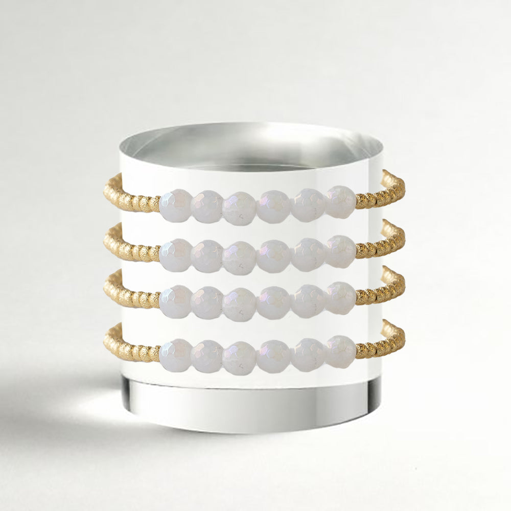 Gilded Gold Beaded Bracelets-Row, White Jade