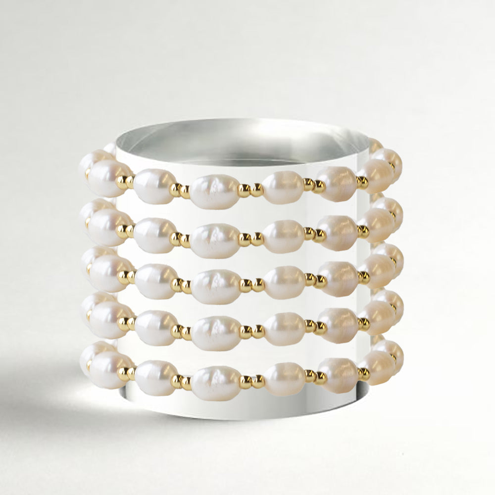 Gilded Gold Beaded Stretch Bracelets, Duo, Pearl