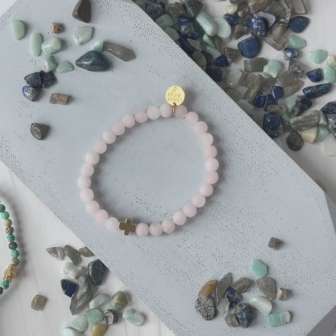 Load and play video in Gallery viewer, Faith Over Fear Cross Bracelet-Rose Quartz, Limited Edition
