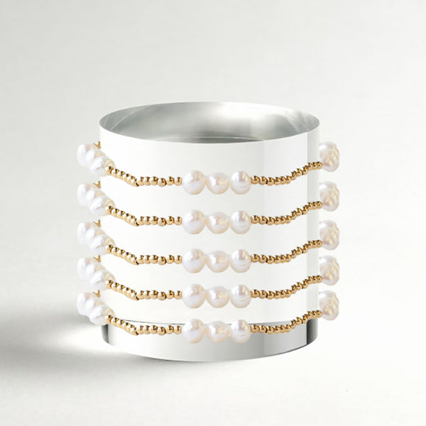 Gilded Gold Beaded Stretch Bracelets, Trio, Pearl – Lenny 