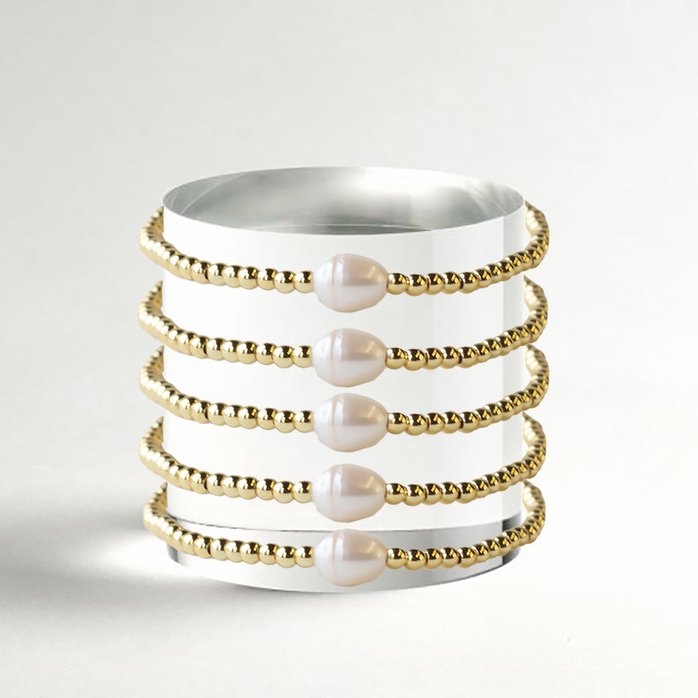 Gilded Gold Beaded Stretch Bracelets, Uno, Pearl